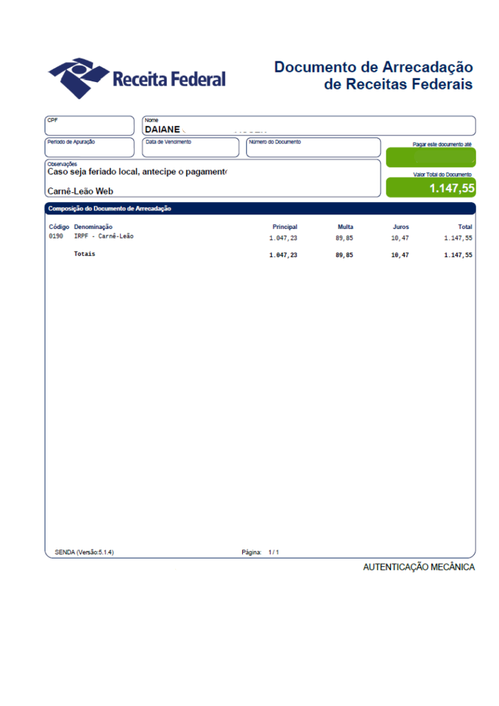 Recibo de multa da Receita Federal (DARF)